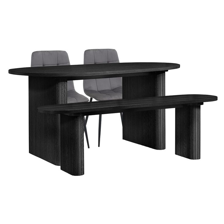 Axel Oval Dining Set - 6 Seater - 160cm - with 2 Grey Chairs and 1 Bench - Black Fluted