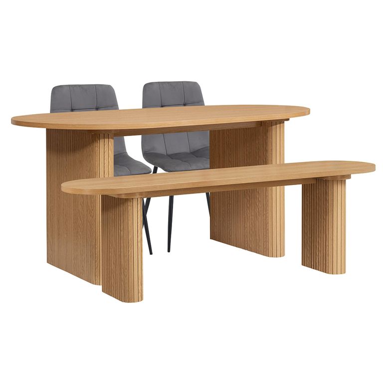 Axel Oval Dining Set - 6 Seater - 160cm - with 2 Grey Chairs and 1 Bench - Oak Fluted