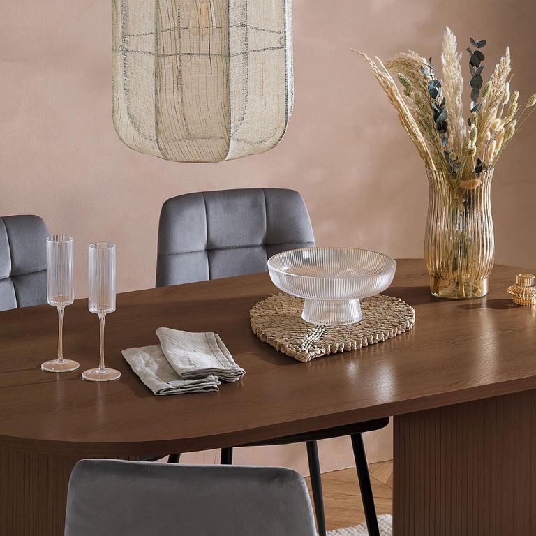 Axel Oval Dining Set - 6 Seater - 160cm - with 4 Grey Chairs - Walnut Fluted