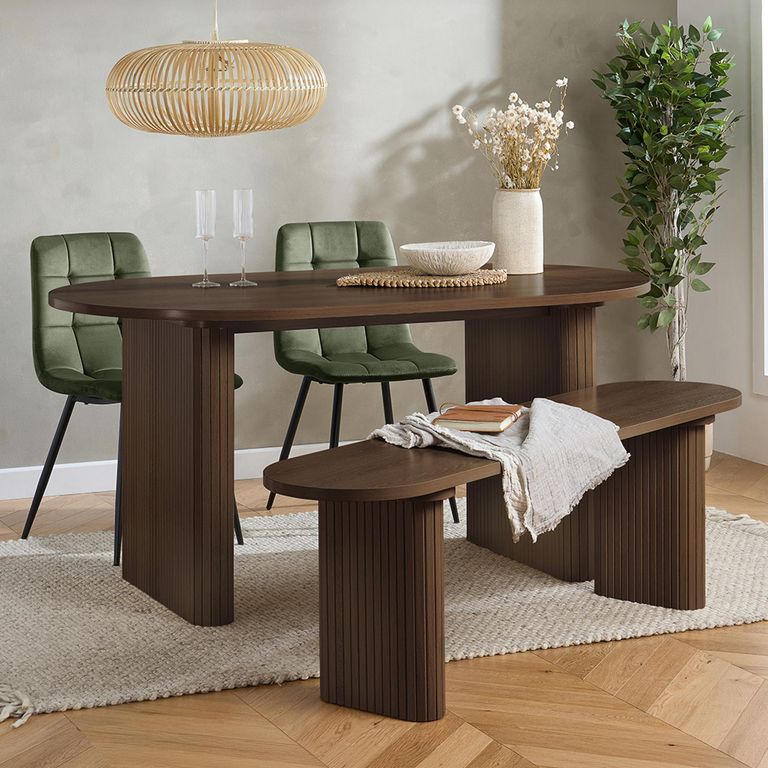 Axel Dining Set - 160cm - 6 Seater - Oval - Fluted - Walnut - 2 Chair and 1 Bench