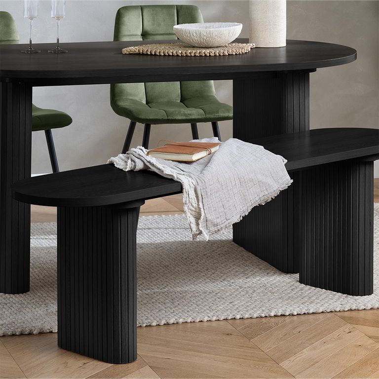 Axel Dining Set - 160cm - 6 Seater - Oval - Fluted - Black - Wood - 2 Chair and 1 Bench