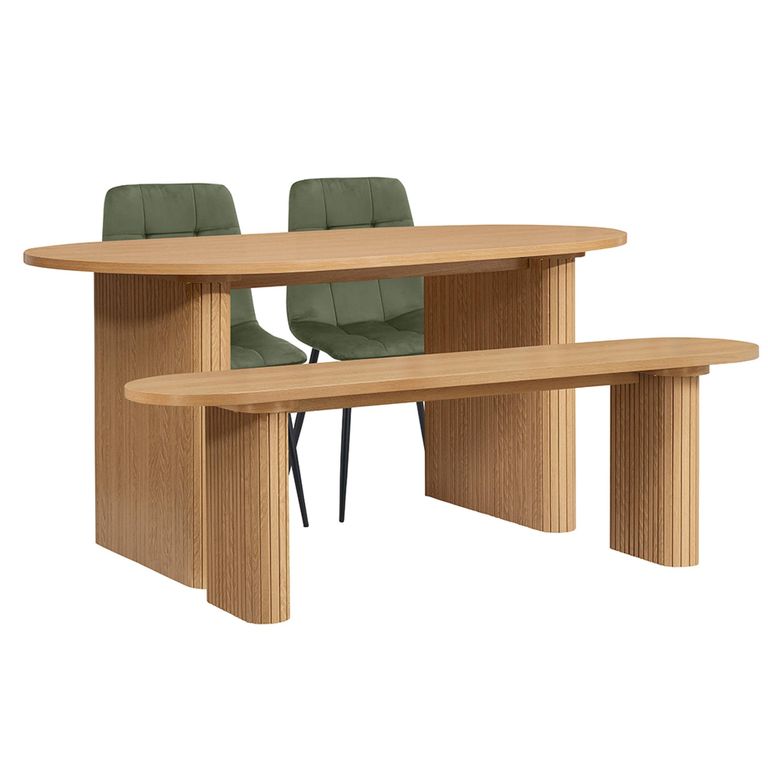 Axel Dining Set - 160cm - 6 Seater - Oval - Fluted - Oak - 2 Chair and 1 Bench