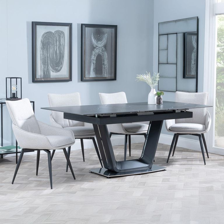 Alpha Black Ceramic Extending Dining Set - Ace Beige Fabric Swivel Dining Chair