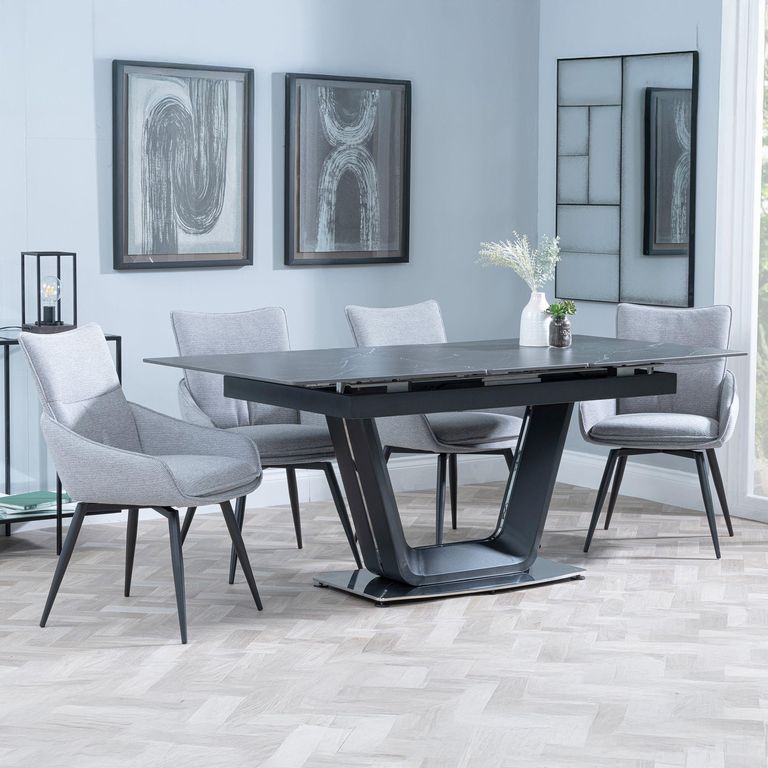Alpha Black Ceramic Extending Dining Set - Ace Grey Fabric Swivel Dining Chair