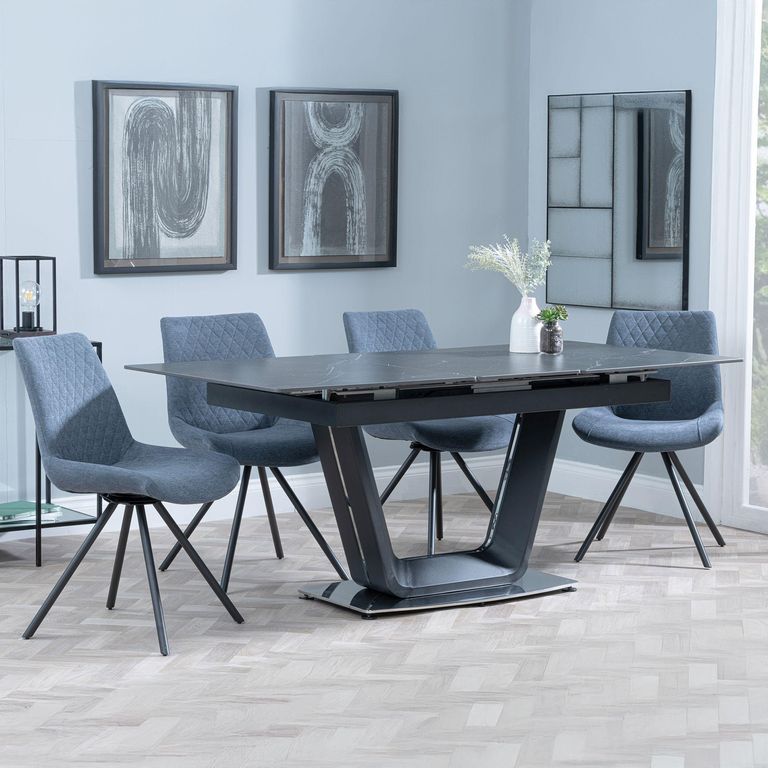 Alpha Black Ceramic Extending Dining Set - Boden Dark Grey Fabric Swivel Dining Chair