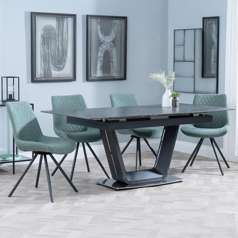 Alpha Black Ceramic Extending Dining Set - Boden Green Fabric Swivel Dining Chair