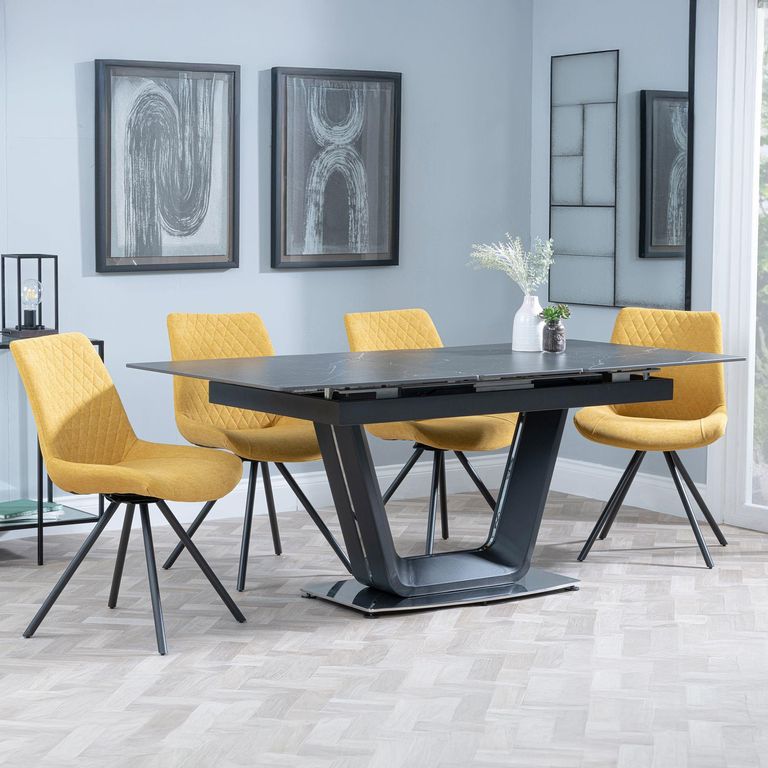 Alpha Black Ceramic Extending Dining Set - Boden Yellow Fabric Swivel Dining Chair