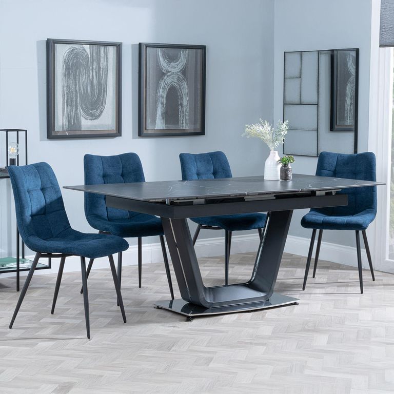 Alpha Black Ceramic Extending Dining Set - Corona Blue Fabric Dining Chair
