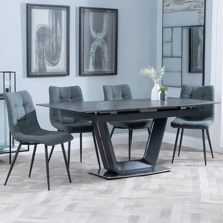 Alpha Black Ceramic Extending Dining Set - Corona Light Grey Fabric Dining Chair