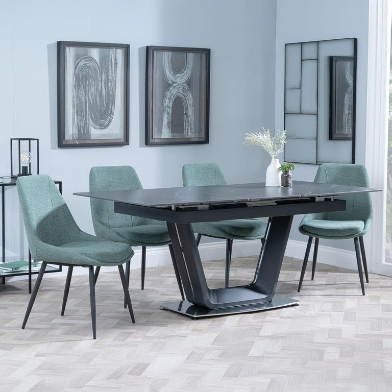 Alpha Black Ceramic Extending Dining Set - Darwin Green Fabric Dining Chair