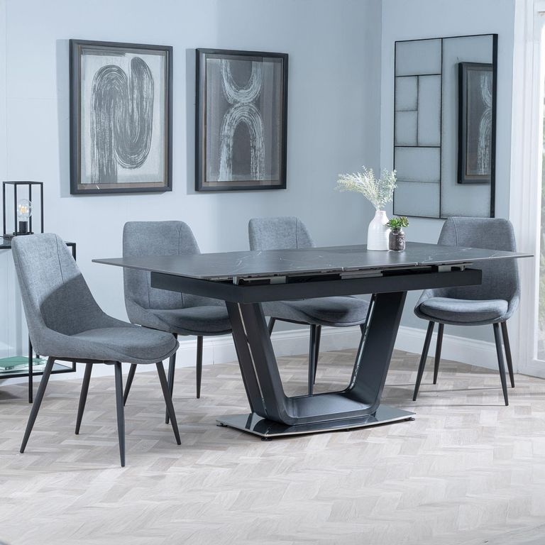 Alpha Black Ceramic Extending Dining Set - Darwin Grey Fabric Dining Chair