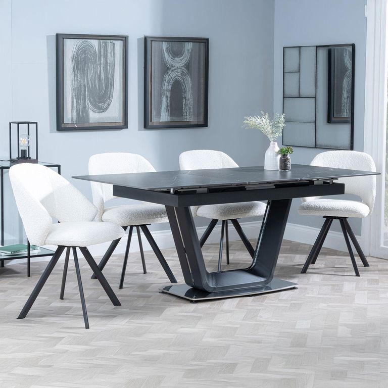 Alpha Black Ceramic Extending Dining Set - Ion Cream Boucle Teddy Fabric Swivel Dining Chair