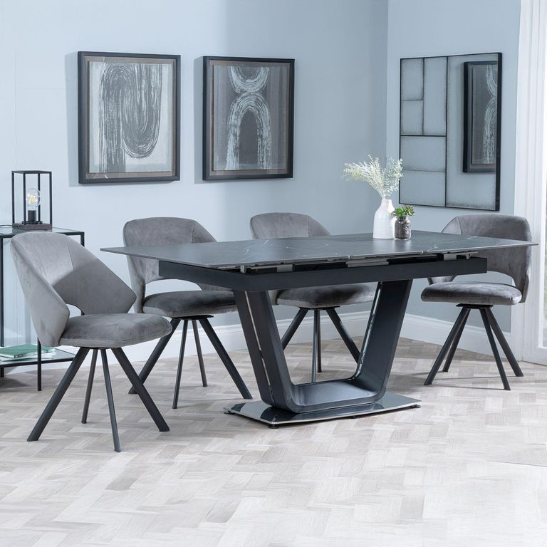 Alpha Black Ceramic Extending Dining Set - Ion Dark Grey Velvet Fabric Swivel Dining Chair