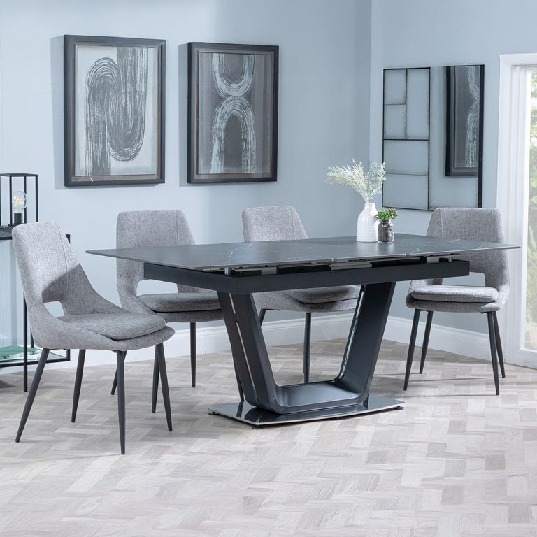 Alpha Black Ceramic Extending Dining Set - Peyton Grey Fabric Dining Chair