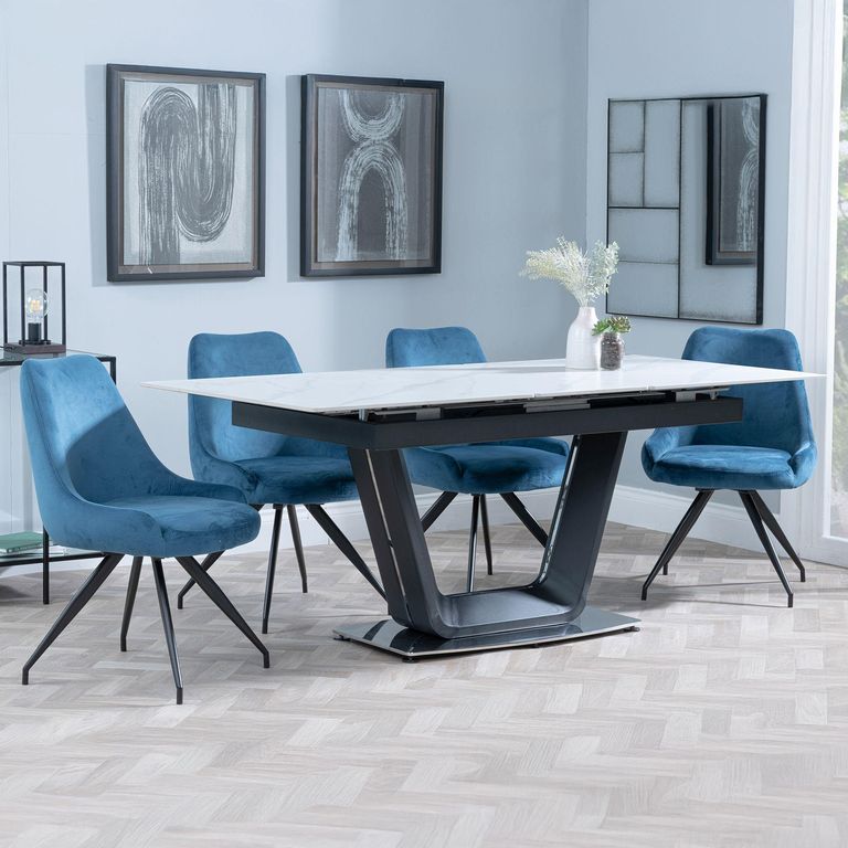 Alpha White Ceramic Extending Dining Set - Arctic Blue Velvet Fabric Swivel Dining Chair
