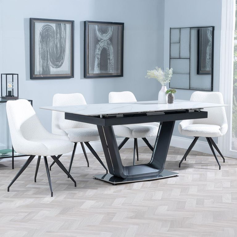 Alpha White Ceramic Extending Dining Set - Arctic Cream Velvet Fabric Swivel Dining Chair