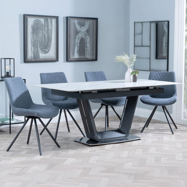 Alpha White Ceramic Extending Dining Set - Boden Dark Grey Fabric Swivel Dining Chair