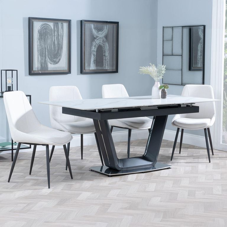 Alpha Extending Dining Set - 4-6 Seater - 140cm-180cm - White Ceramic - Darwin Dining Chair - Cream Fabric