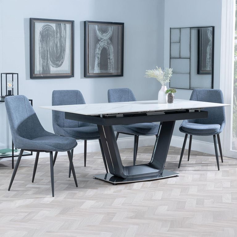 Alpha Extending Dining Set - 4-6 Seater - 140cm-180cm - White Ceramic - Darwin Dining Chair - Dark Grey Fabric