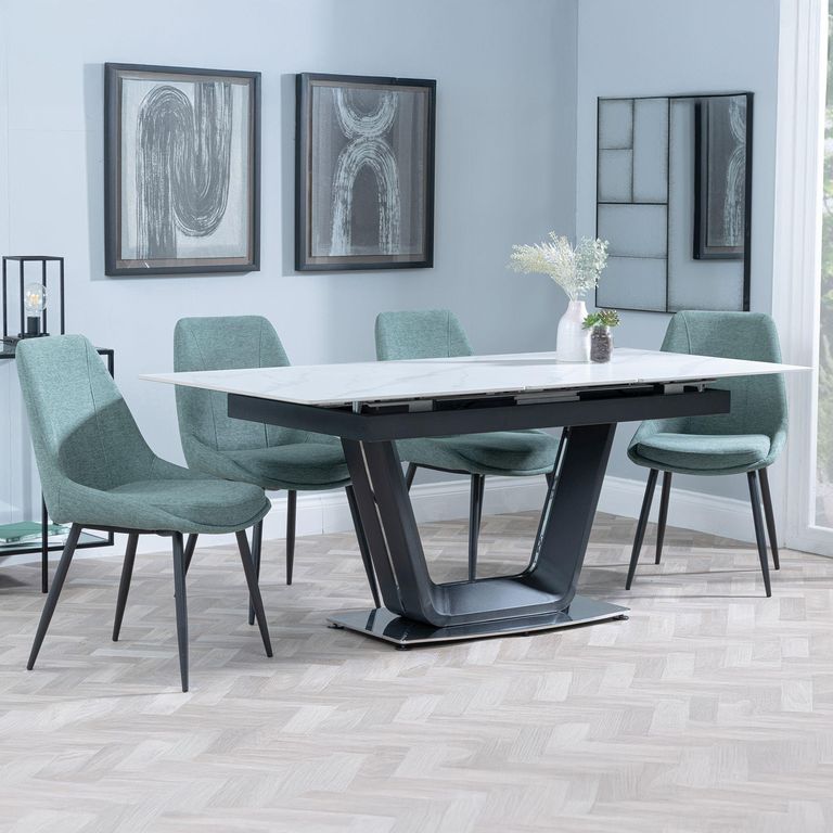Alpha Extending Dining Set - 4-6 Seater - 140cm-180cm - White Ceramic - Darwin Dining Chair - Green Fabric