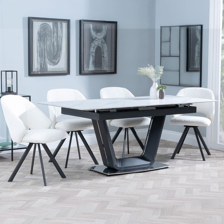 Alpha Extending Dining Set - 4-6 Seater - 140cm-180cm - White Ceramic - Ion Swivel Dining Chair - Cream Boucle Fabric