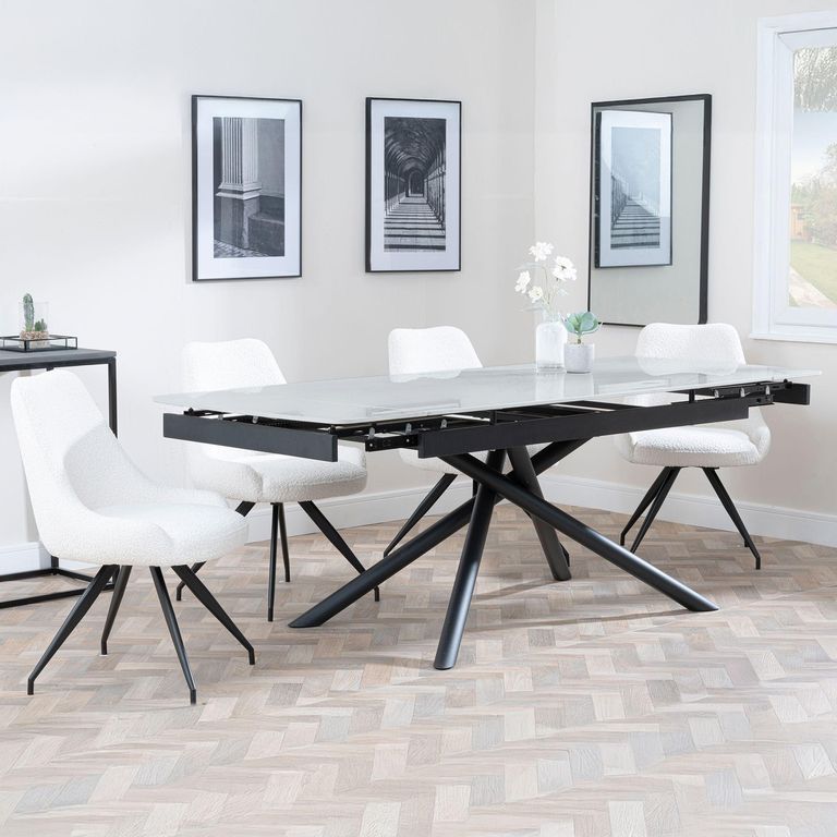 Apollo Grey Ceramic Extending Dining Set - Arctic Cream Velvet Fabric Swivel Dining Chair