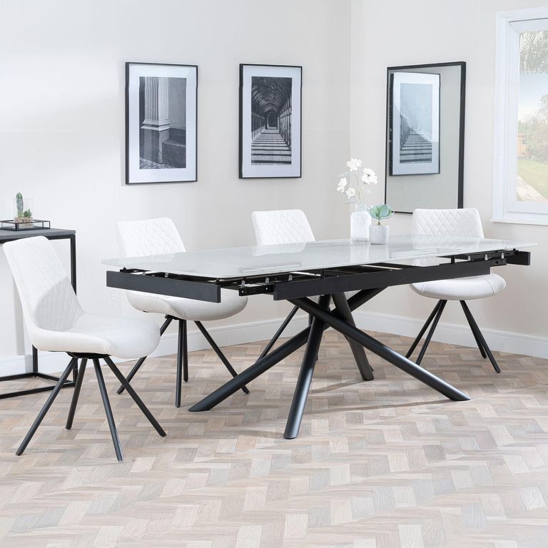 Apollo Grey Ceramic Extending Dining Set - Boden Cream Fabric Swivel Dining Chair