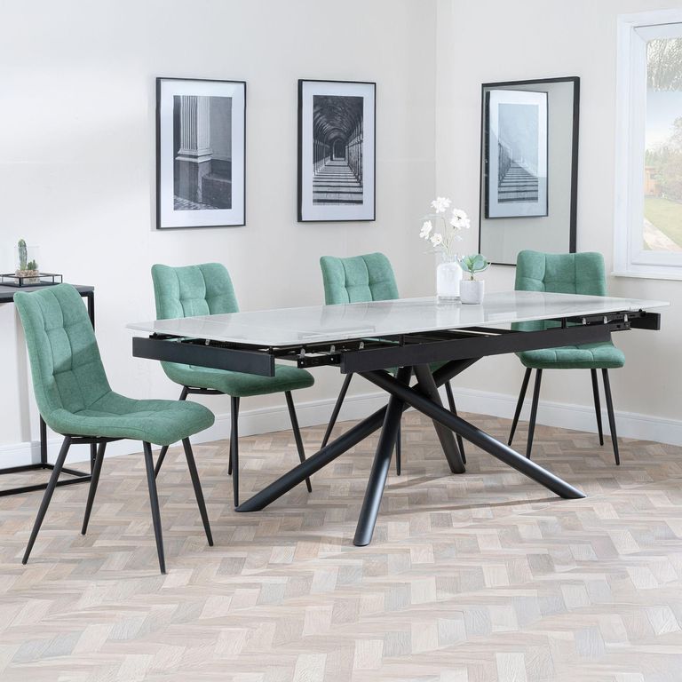 Apollo Grey Ceramic Extending Dining Set - Corona Green Fabric Dining Chair