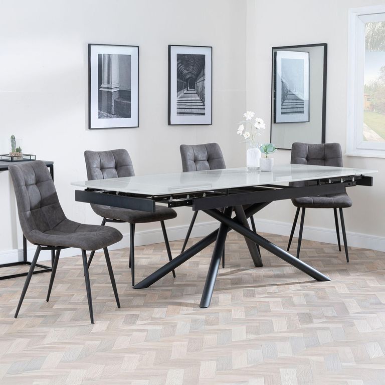 Apollo Grey Ceramic Extending Dining Set - Corona Grey Fabric Dining Chair