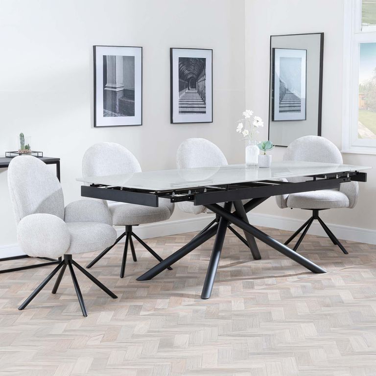 Apollo Grey Ceramic Extending Dining Set - Theo Grey Fabric Swivel Dining Chair