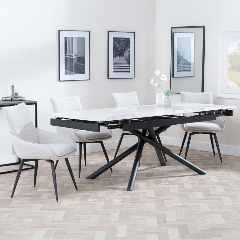 Apollo White Ceramic Extending Dining Set - Ace Beige Fabric Swivel Dining Chair