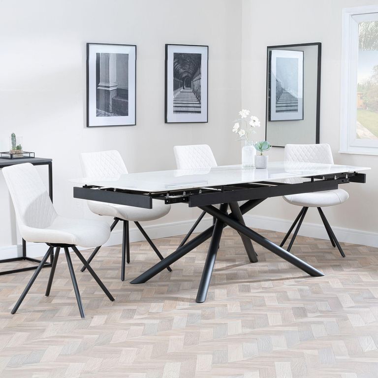 Apollo White Ceramic Extending Dining Set - Boden Cream Fabric Swivel Dining Chair