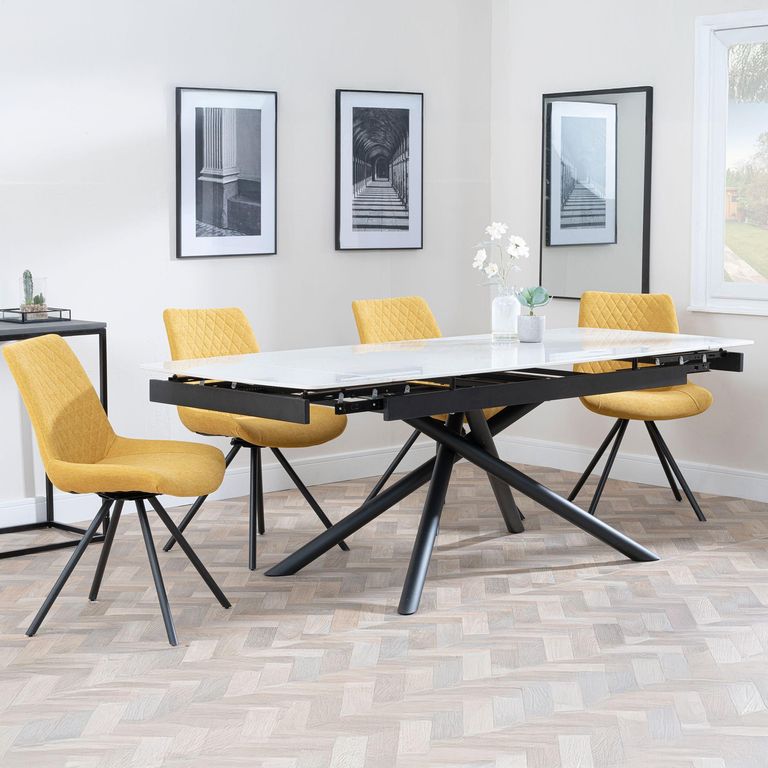 Apollo White Ceramic Extending Dining Set - Boden Yellow Fabric Swivel Dining Chair