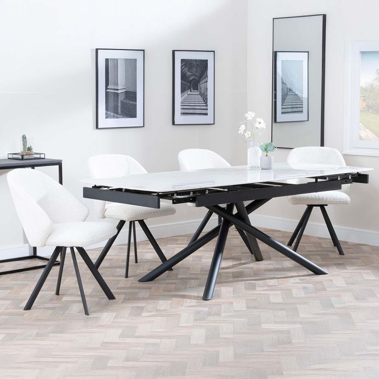 Apollo Extending Dining Set - 6-10 Seater - 160cm-220cm - White Ceramic - Ion Swivel Dining Chair - Cream Boucle Fabric