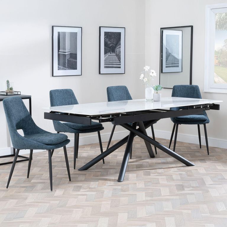 Apollo Extending Dining Set - 6-10 Seater - 160cm-220cm - White Ceramic - Peyton Dining Chair - Blue Fabric