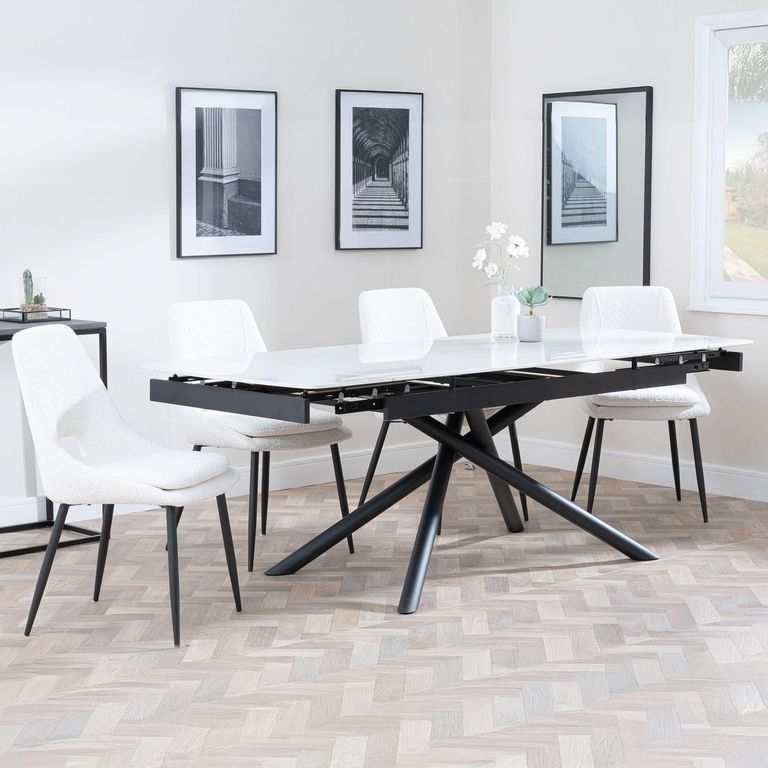 Apollo Extending Dining Set - 6-10 Seater - 160cm-220cm - White Ceramic - Peyton Dining Chair - Cream Fabric