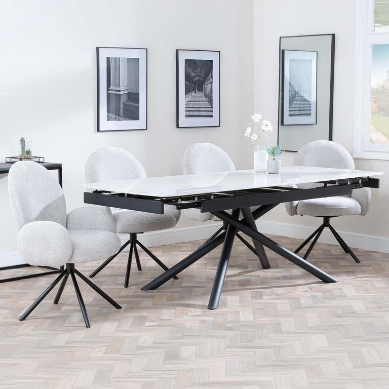Apollo Extending Dining Set - 6-10 Seater - 160cm-220cm - White Ceramic - Theo Swivel Dining Chair - Grey Fabric