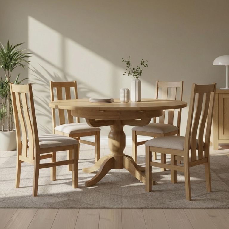 Appleby Extending Dining Set - 2-4 Seater - 100cm-140cm - Oak - with 4 Arizona Slatted Chairs - Beige Fabric Seat Pad