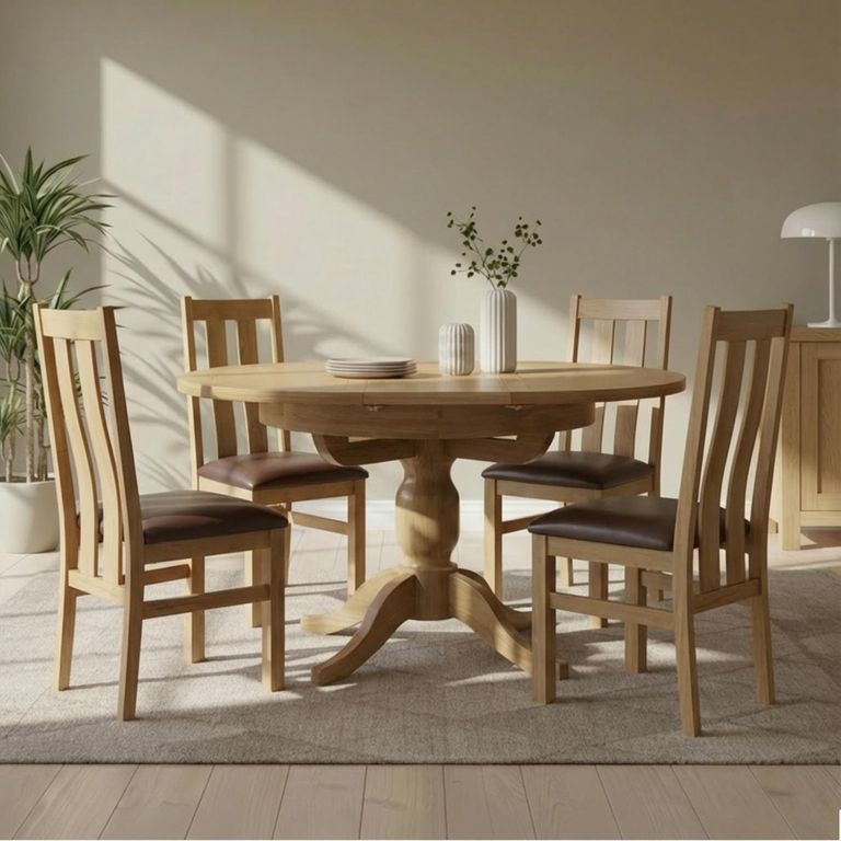 Appleby Extending Dining Set - 2-4 Seater - 100cm-140cm - Oak - with 4 Arizona Slatted Chairs - Black Faux Leather Seat Pad