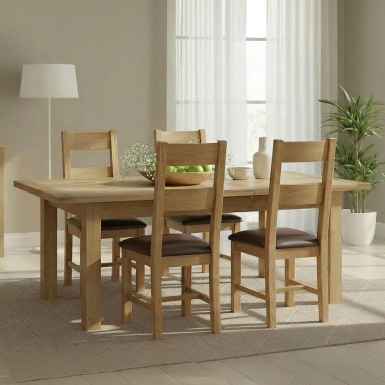 Appleby Extending Dining Set - 4 Seater - 120cm-153cm - Oak - with 4 Ladder Back Chairs - Black Faux Leather Seat Pad