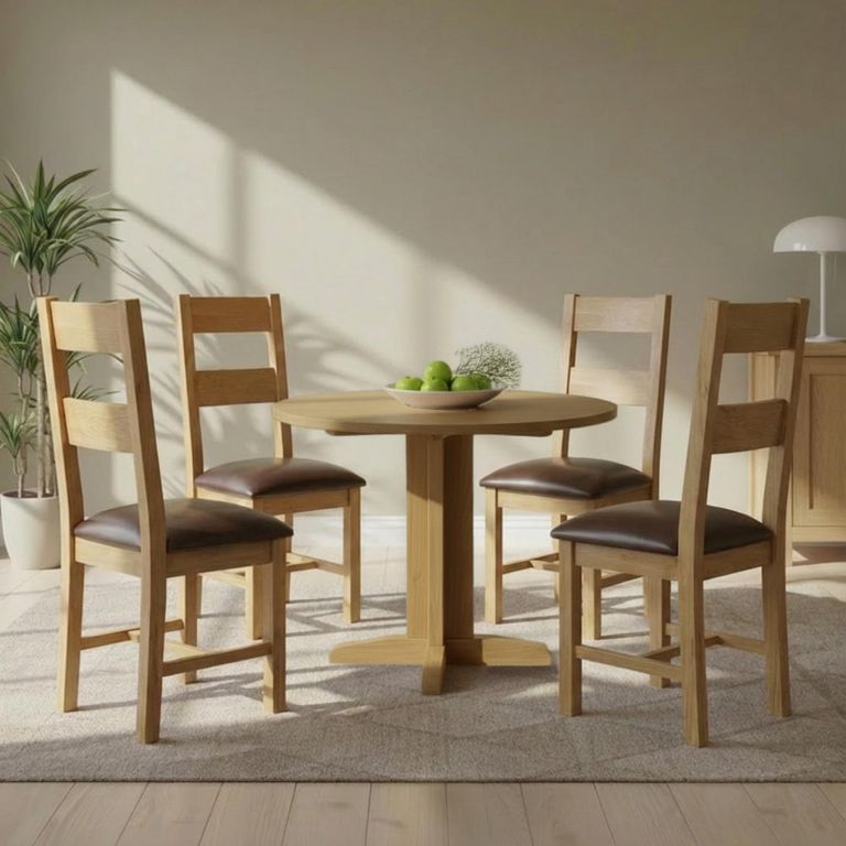 Appleby Round Drop Leaf Dining Set - 4 Seater - 30cm-90cm - Oak - with 4 Ladder Back Chairs - Black Faux Leather Seat Pad