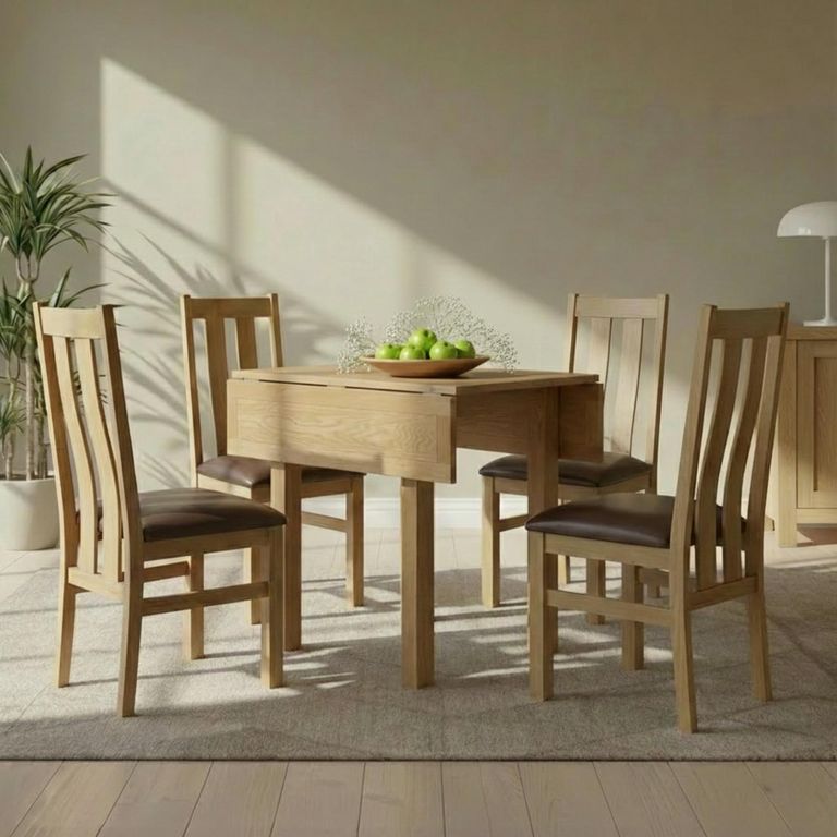 Appleby Square Drop Leaf Dining Set - 4 Seater - 90cm - Oak - with 4 Arizona Slatted Chairs - Black Faux Leather Seat Pad
