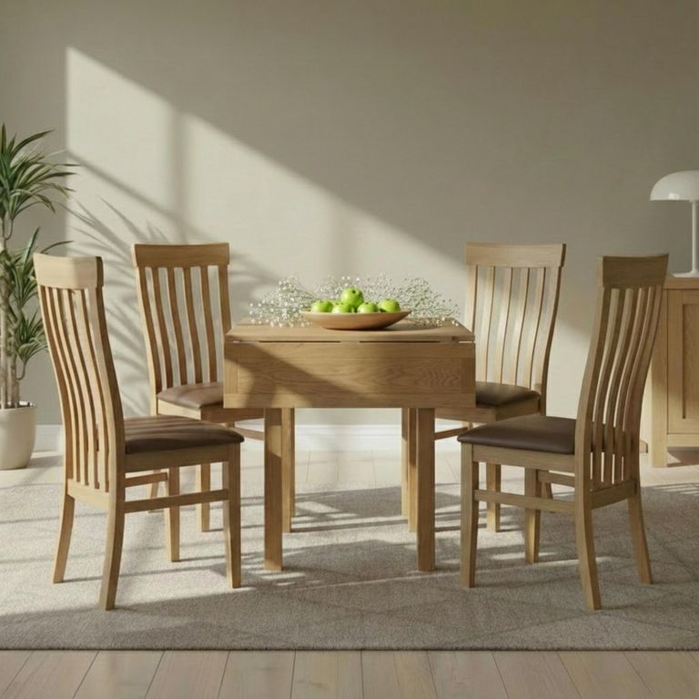 Appleby Square Drop Leaf Dining Set - 4 Seater - 90cm - Oak - with 4 Toulouse Chairs - Black Faux Leather Seat Pad