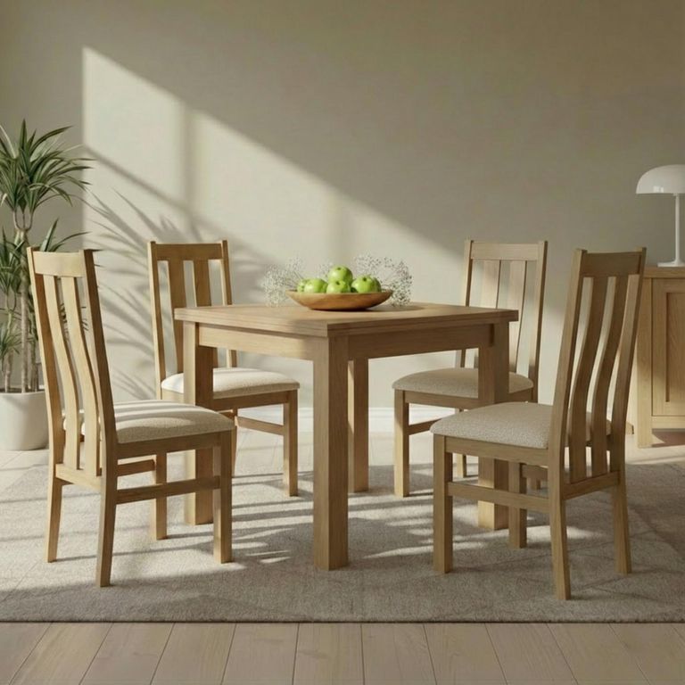 Appleby Flip Top Extending Dining Set - 2-6 Seater - 91cm-183cm - Oak - with 4 Arizona Slatted Chairs - Beige Fabric Seat Pad