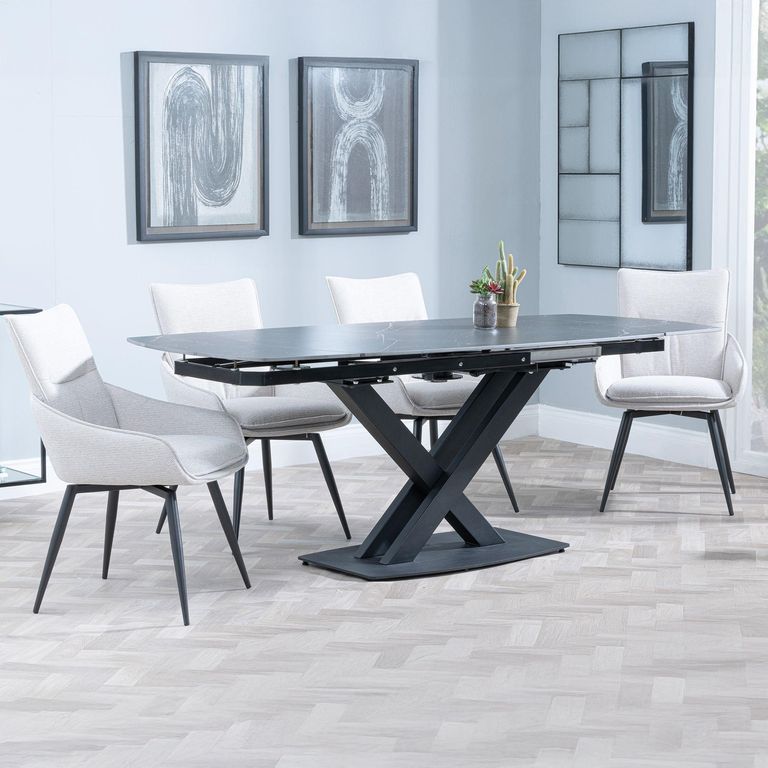 Arctic Black Ceramic Swivel Top Extending Dining Set - Ace Beige Fabric Swivel Dining Chair