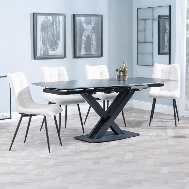 Arctic Black Ceramic Swivel Top Extending Dining Set - Corona Beige Fabric Dining Chair