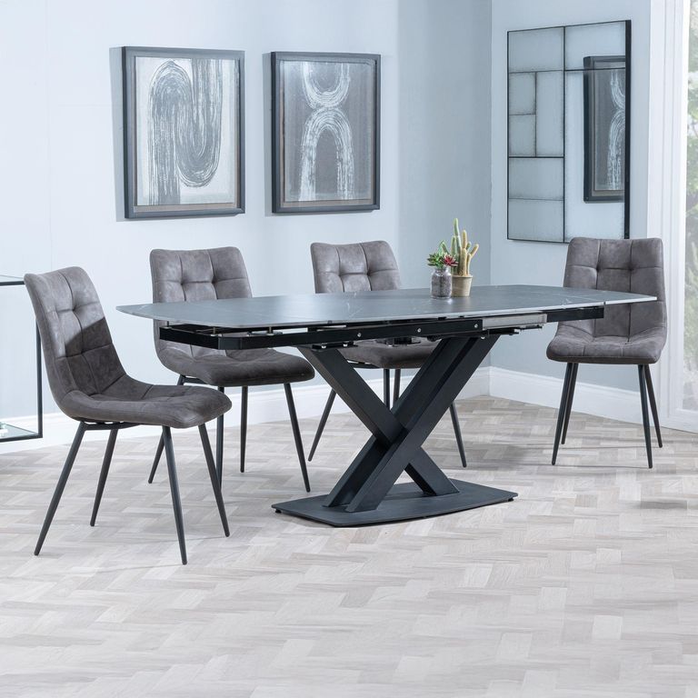 Arctic Black Ceramic Swivel Top Extending Dining Set - Corona Grey Fabric Dining Chair