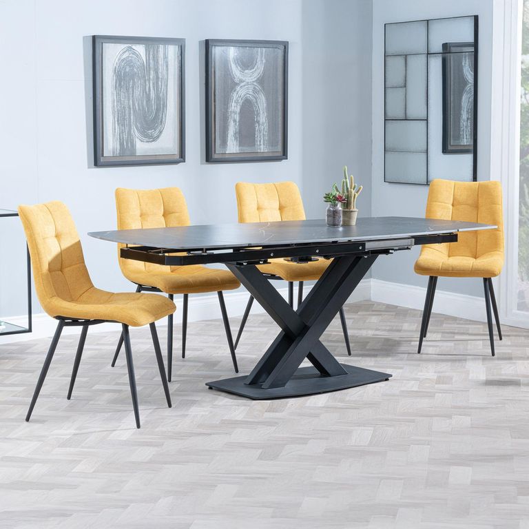 Arctic Black Ceramic Swivel Top Extending Dining Set - Corona Yellow Fabric Dining Chair
