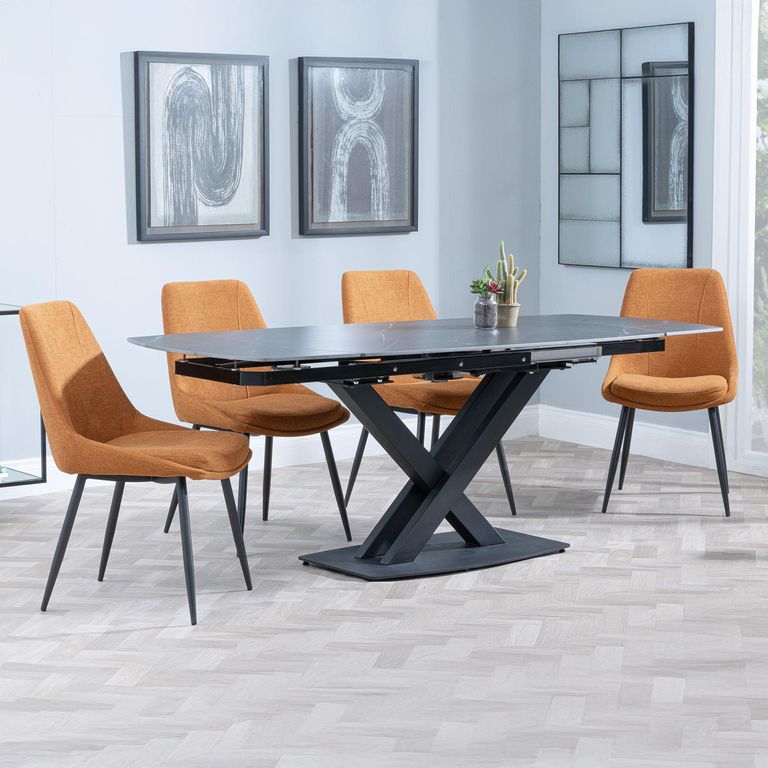 Arctic Black Ceramic Swivel Top Extending Dining Set - Darwin Orange Fabric Dining Chair
