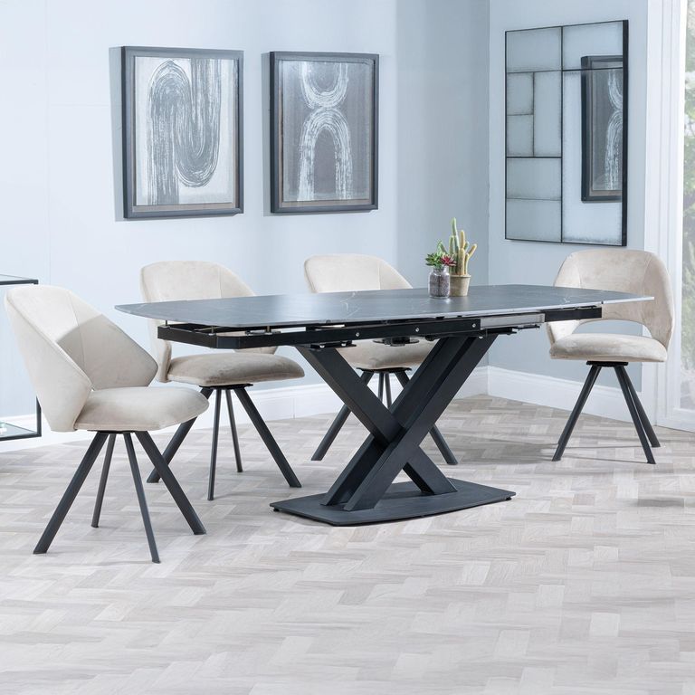 Arctic Black Ceramic Swivel Top Extending Dining Set - Ion Beige Velvet Fabric Swivel Dining Chair